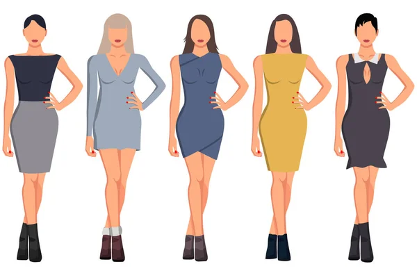 Conjunto Cinco Meninas Com Uma Boa Figura Roupas Bonitas Diferentes — Vetor de Stock