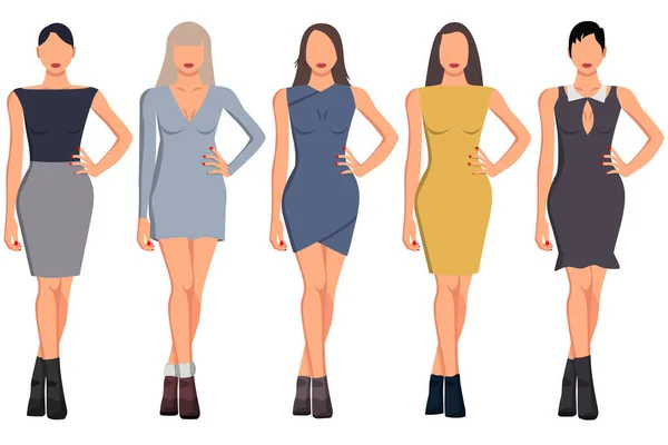 Conjunto Cinco Chicas Con Una Buena Figura Ropa Hermosa Diferentes — Vector de stock