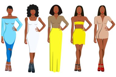 Farklı saç stilleri olan farklı giyinmiş beş siyah kadın resmi. Tasarımcı kıyafeti. Vektör illüstrasyonu.