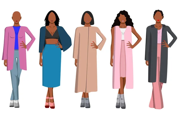 Imágenes Cinco Mujeres Negras Diferentes Ropas Con Diferentes Peinados Ropa — Vector de stock