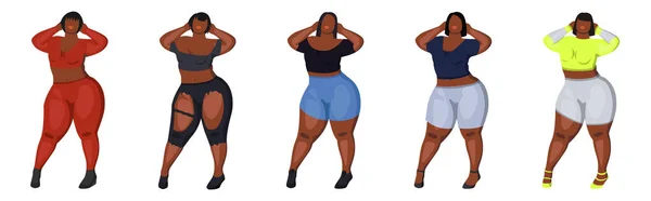 五个穿着不同衣服 发型不同的黑人妇女的照片 体形呈阳性的设计师服装 矢量说明 — 图库矢量图片