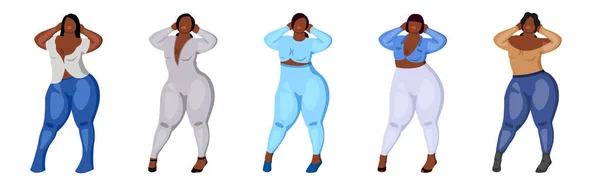 五个穿着不同衣服 发型不同的黑人妇女的照片 体形呈阳性的设计师服装 矢量说明 — 图库矢量图片