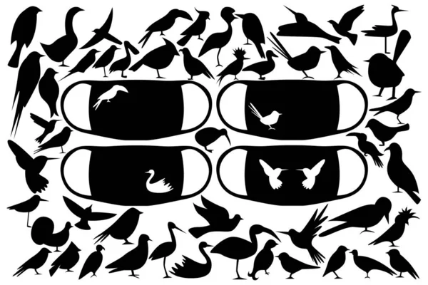 Énorme Ensemble Silhouettes Oiseaux Pour Des Impressions Sur Des Masques — Image vectorielle