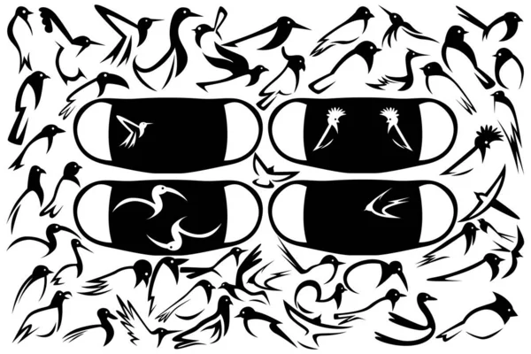 医療用マスクやその他のプリント用の線を持つ鳥の巨大な画像のセット 世界中の様々な鳥たち ベクターイラスト — ストックベクタ