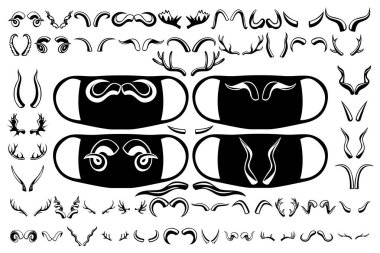 Çeşitli hayvanlardan oluşan geniş bir boynuz seti. Maskede parmak izleri var. Farklı amaçlar için görüntüler. Vektör illüstrasyonu.