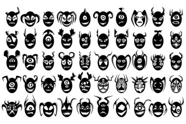 Büyük siyah beyaz çizgi film canavarları. Çeşitli temalı etkinlikler için harika bir geçmiş. Vektör illüstrasyonu.