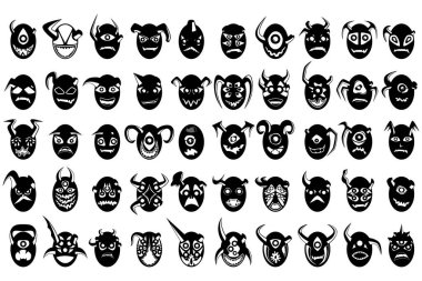 Büyük siyah beyaz çizgi film canavarları. Çeşitli temalı etkinlikler için harika bir geçmiş. Vektör illüstrasyonu.