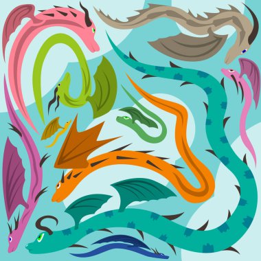 A set of colored dragons on a background of blue sky with clouds. Wallpaper on the wall in the children's room and for other purposes. Vector illustration.