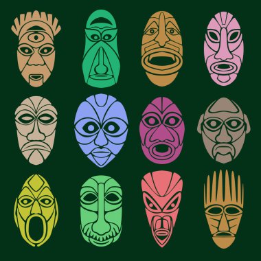 On iki pagan maskesinden duvar kağıdı. Çeşitli tanrıların, ruhların ve diğer mistik varlıkların yüzleri. Vektör illüstrasyonu.
