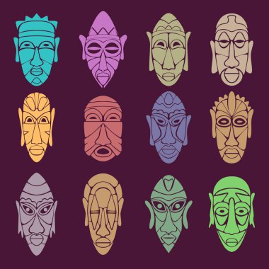 On iki pagan maskesinden duvar kağıdı. Çeşitli tanrıların, ruhların ve diğer mistik varlıkların yüzleri. Vektör illüstrasyonu.