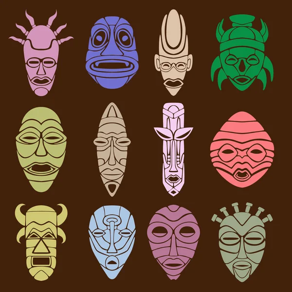 壁纸从一套12个异教徒面具 神灵和其他神秘生物的脸 矢量说明 — 图库矢量图片
