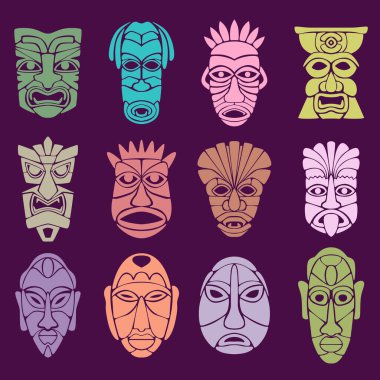 On iki pagan maskesinden duvar kağıdı. Çeşitli tanrıların, ruhların ve diğer mistik varlıkların yüzleri. Vektör illüstrasyonu.