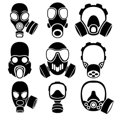 Beyaz arka planda izole edilmiş dokuz farklı gaz maskesi görüntüsü. Vektör illüstrasyonu.