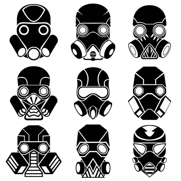 Imágenes Nueve Máscaras Gas Diferentes Aisladas Sobre Fondo Blanco Ilustración — Vector de stock