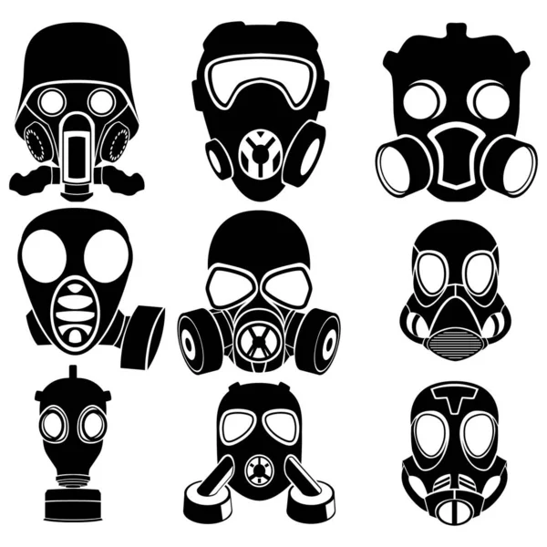 Imágenes Nueve Máscaras Gas Diferentes Aisladas Sobre Fondo Blanco Ilustración — Vector de stock