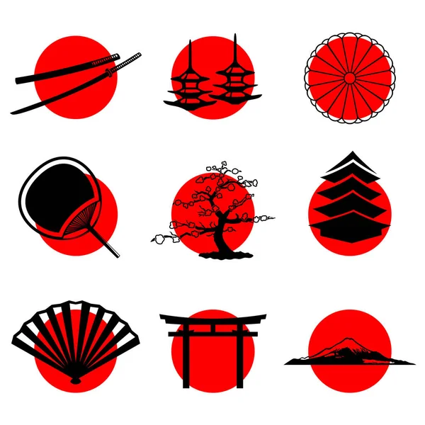 Güneşin arka planında Japon tarzı simgeler var. Japon sembolleri katana, sakura, fan, pagoda ve daha fazlası. Vektör illüstrasyonu.