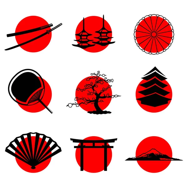 Conjunto Ícones Estilo Japonês Fundo Sol Símbolos Japoneses Katana Sakura Ilustração De Stock