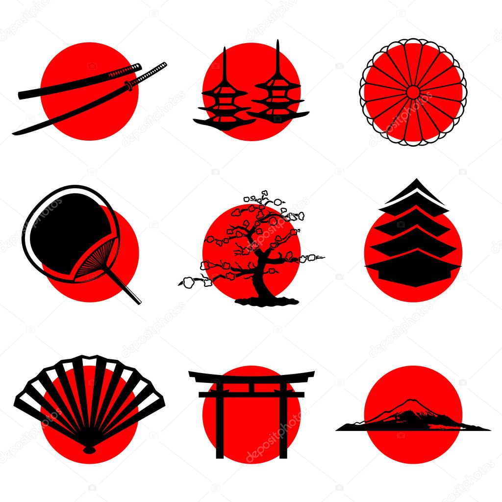 A set of Japanese-style icons on the background of the sun. Japanese symbols katana, sakura, fan, pagoda, and more. Vector illustration.
