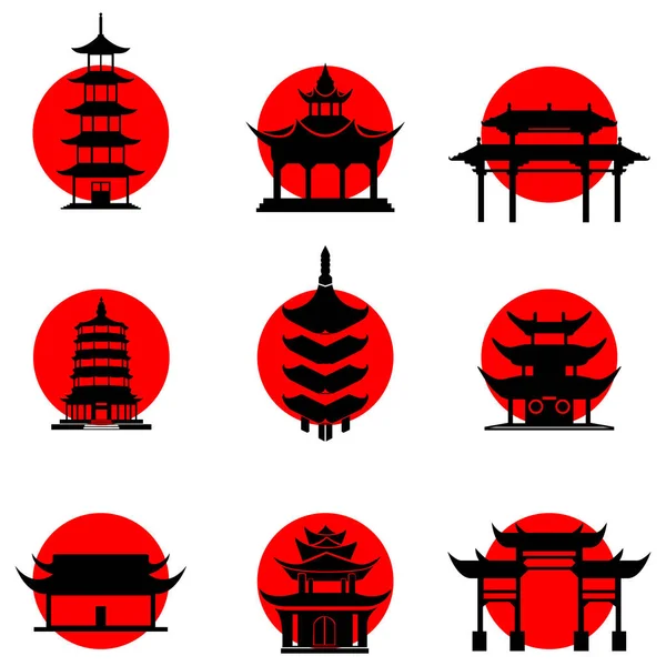 Güneşin arka planında Japon tarzı simgeler var. Budist tapınakları pagoda. Vektör illüstrasyonu.