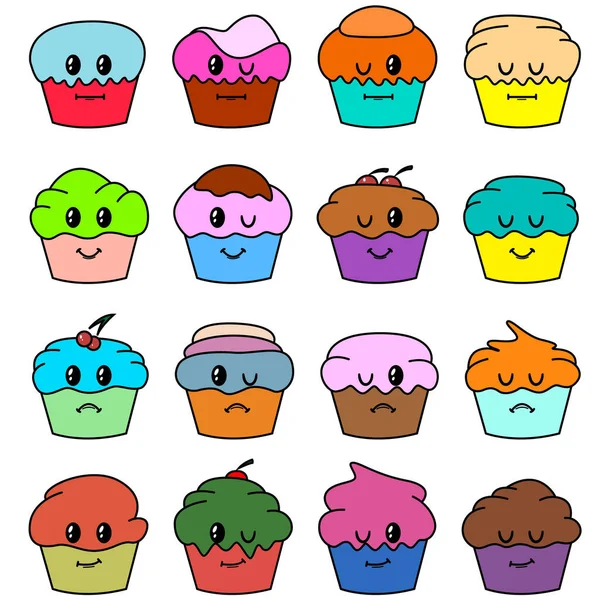 Een Set Cartoon Cupcakes Met Een Gezicht Een Set Ontworpen — Stockvector