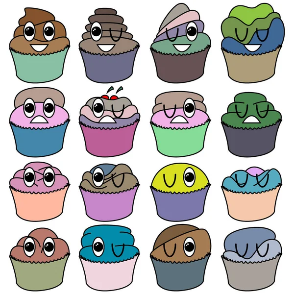 Een Set Cartoon Cupcakes Met Een Gezicht Een Set Ontworpen — Stockvector