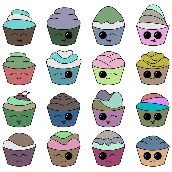 Set Cupcake Dei Cartoni Animati Con Una Faccia Set Progettato — Vettoriale Stock