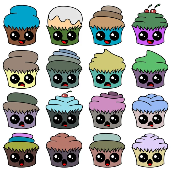 Conjunto Cupcakes Desenhos Animados Com Rosto Conjunto Projetado Para Sites Vetores De Stock Royalty-Free