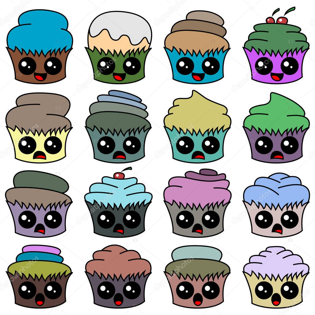 A set of cartoon cupcakes with a face. A set designed for websites, restaurant menus, flyers, etc. Vector illustration.