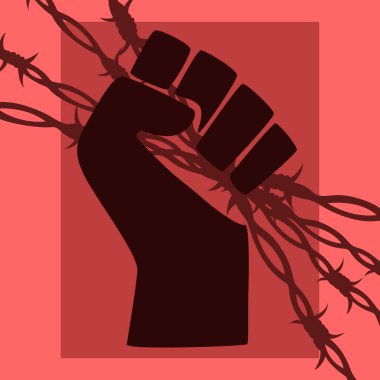 Protesto temasında kırmızı arka planda bir yumruğun görüntüleri. Vektör illüstrasyonu.