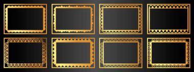 Bir dizi alışılmadık çerçeve, siyah bir arkaplanda izole edilmiş altın renkli çerçeveler. Vektör illüstrasyonu.