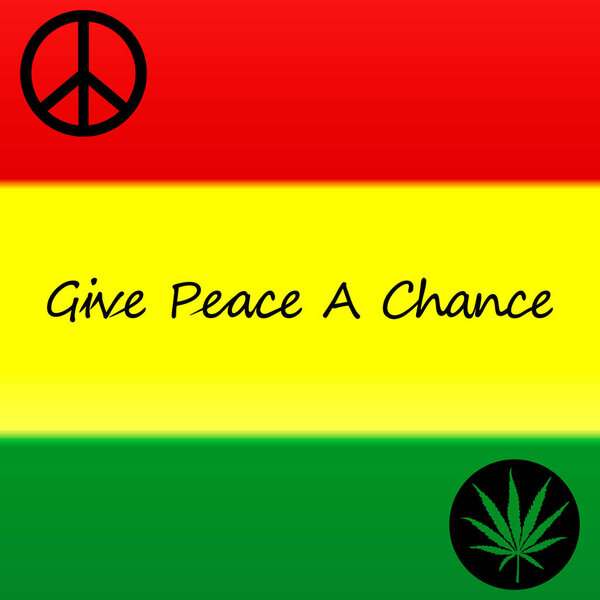 Images of the colors of the hippie flag with a badge, cannabis and a slogan. Vector illustration.