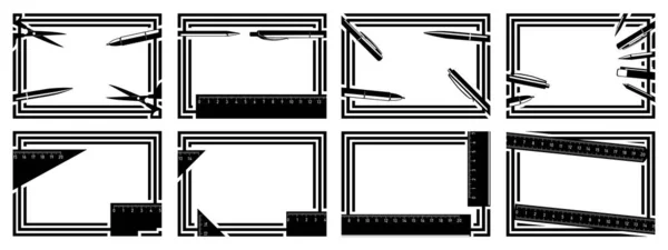 Conjunto Ocho Cuadros Sobre Tema Escuela Marcos Negros Aislados Reglas — Vector de stock