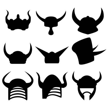 Oyunlar, web siteleri, tasarım ve daha fazlası için dokuz adet ortaçağ miğferi silueti. Vektör illüstrasyonu.