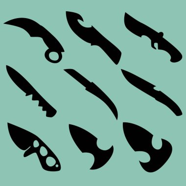 Dokuz siluet savaş bıçağı takımı. Simgeler, simgeler, oyunlar, siteler ve daha fazlası için resim. Vektör illüstrasyonu