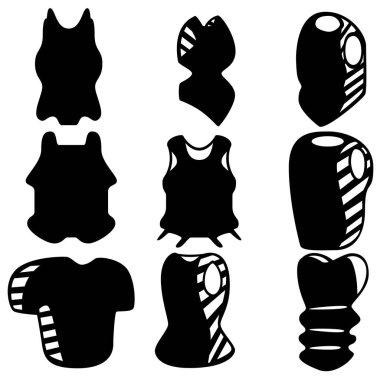 Oyunlar, web siteleri, tasarım ve daha fazlası için dokuz adet ortaçağ zırh silueti. Vektör illüstrasyonu.