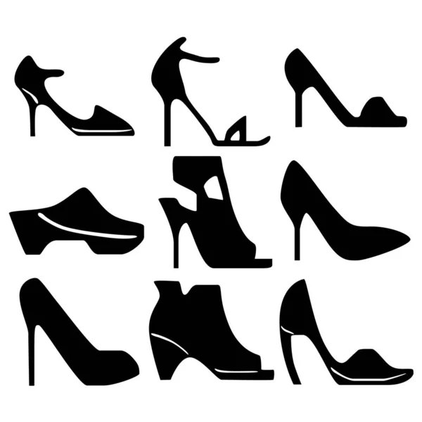Conjunto Nueve Siluetas Zapatos Mujer Para Juegos Sitios Web Diseño — Archivo Imágenes Vectoriales