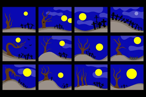 Conjunto Ilustraciones Halloween Con Árboles Secos Luna Cruces Tumbas Ilustración — Archivo Imágenes Vectoriales