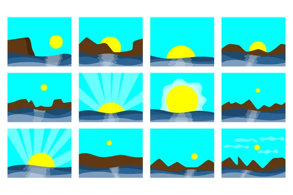 Набір Зображень Моря Скелями Тлі Чистого Неба Сонця Векторні Ілюстрації — стоковий вектор