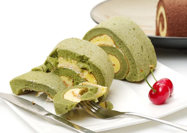 Slices Matcha Cake Roll White Background — Stock Photo, Image