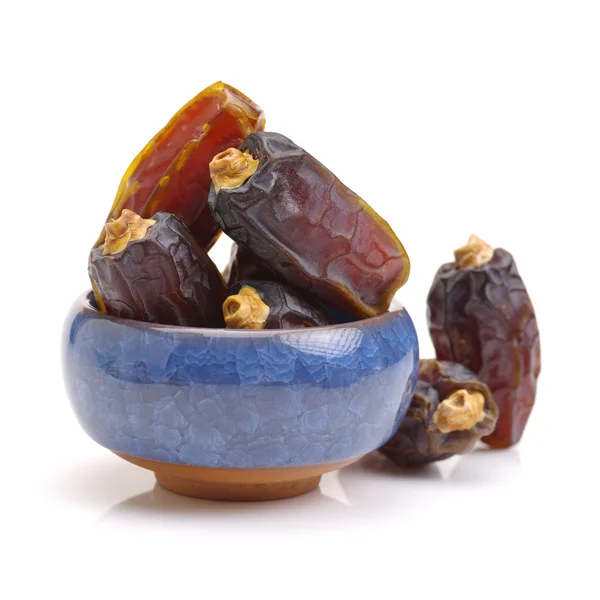 Tropical sweet Dates in blue bowl — Stock Photo, Image
