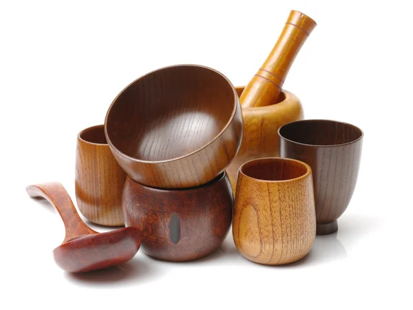 Wood craft (cups, bowl, spoons, — Stock Photo, Image