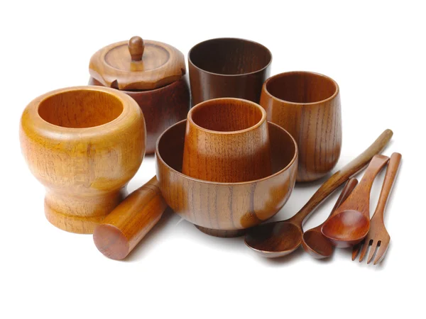 Trä hantverk (koppar, skål, skedar, — Stockfoto
