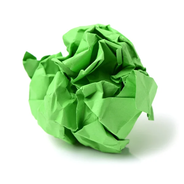 Green Ball Crumpled Paper White Background — Stock Photo, Image