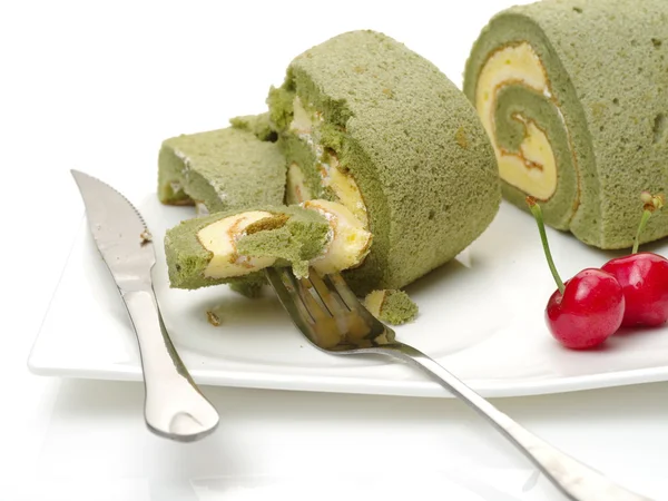 Matcha Kasutera Kuchen Auf Weißem Hintergrund — Stockfoto