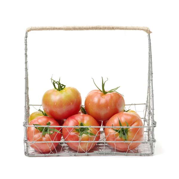 Tomates vermelhos frescos na cesta — Fotografia de Stock