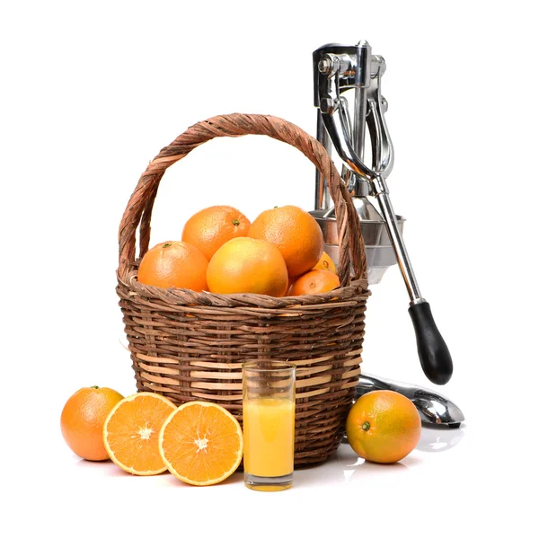 Basket Oranges Hand Juicer Glass Orange Juice — Stock Photo, Image