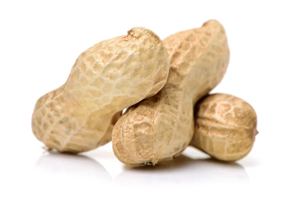 Pinda's op witte backgroundpeanuts op — Stockfoto