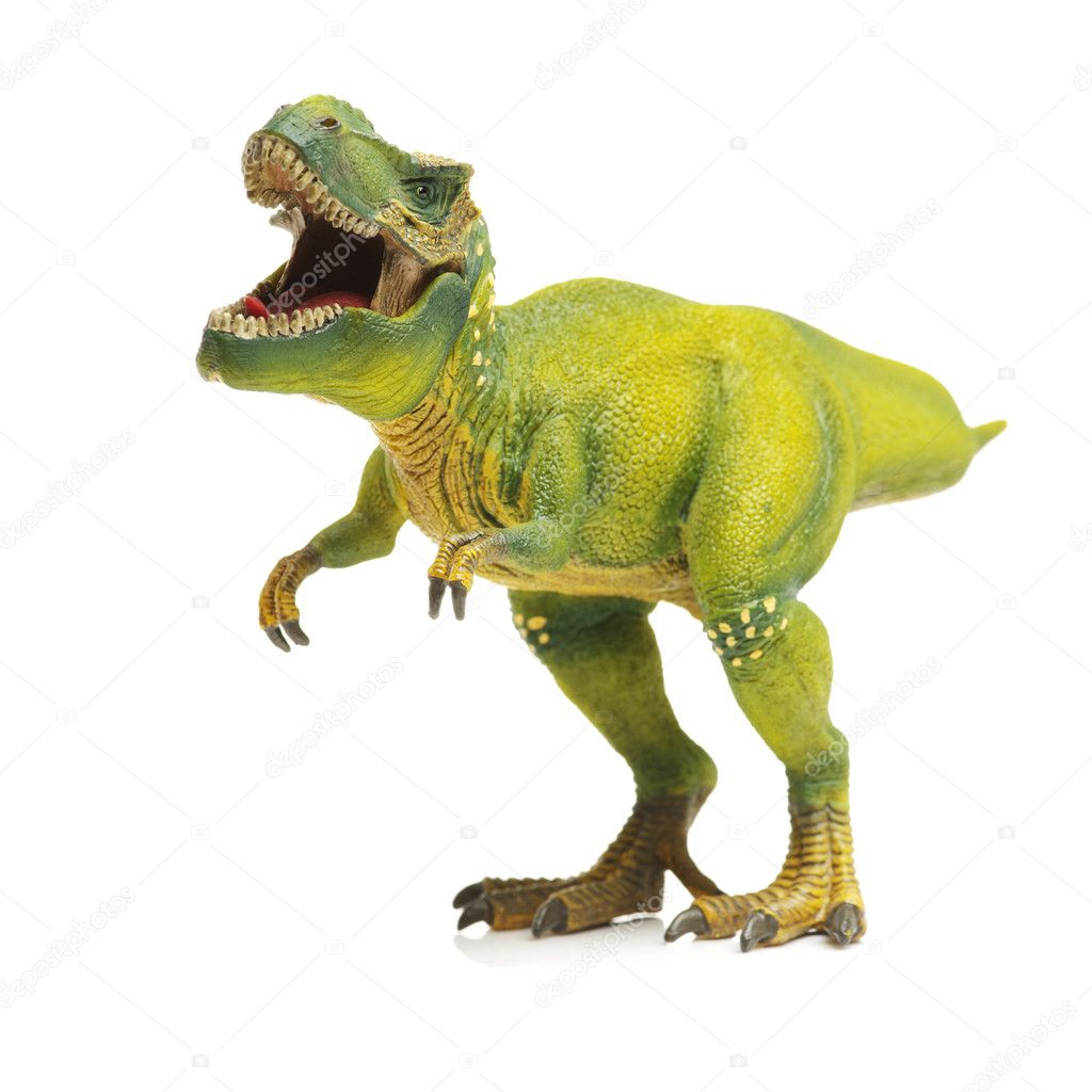 green tyrannosaurus toy on white background