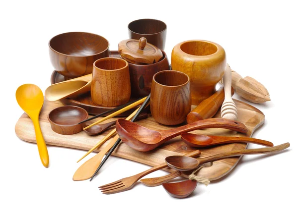 Wood craft (cups, bowl, spoons, — Stock Photo, Image
