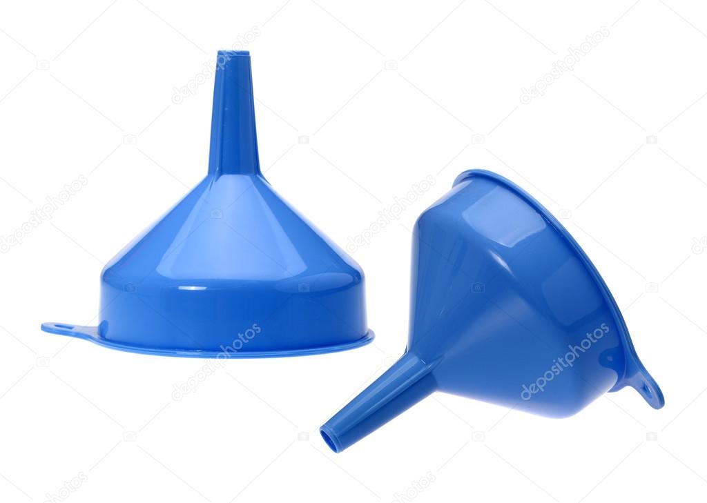 Blue plastic funnels